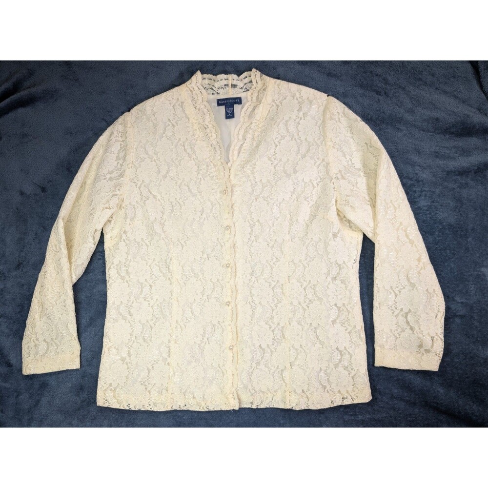 Karen Scott White Lace Jacket / Blouse Size Large